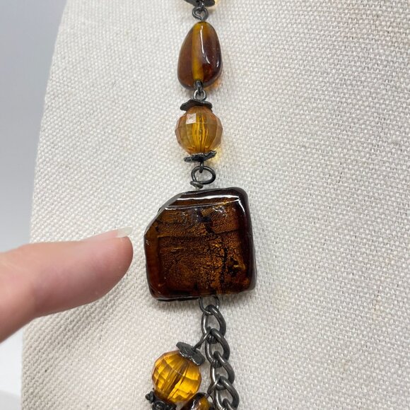 Murano Glass Beaded Necklace Square Pendant Amber Brown Faceted - Picture 5 of 16